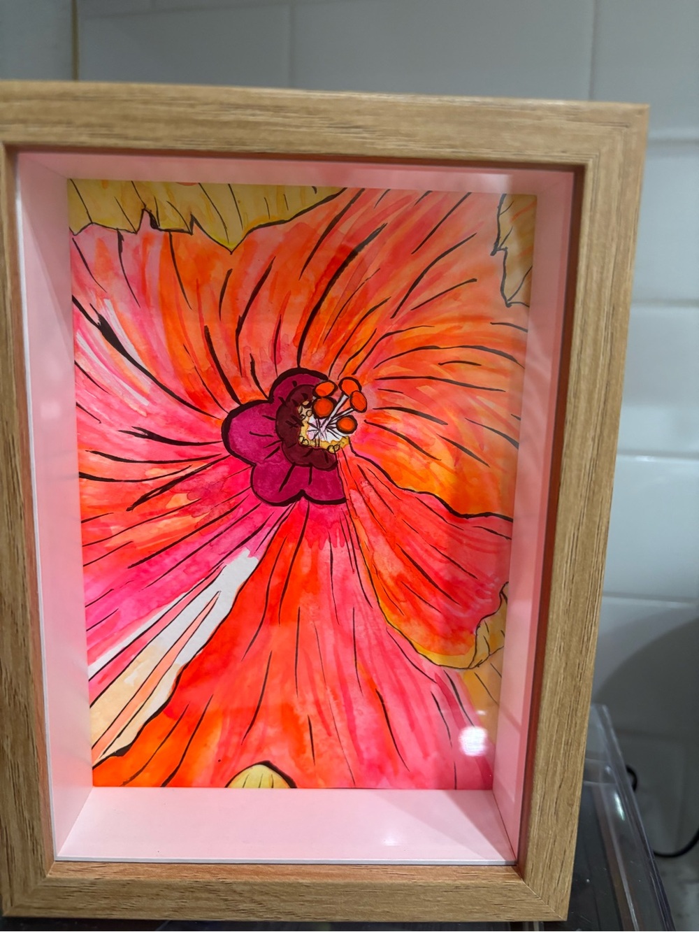 Hibiscus Vibrant Pink-Orange Floral Watercolor Art in Wood Frame